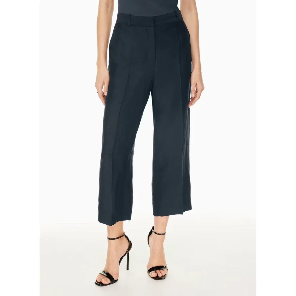 Babaton Agency Linen Cropped High Rise Straight Leg Pant Womens 2 Navy Blue $148